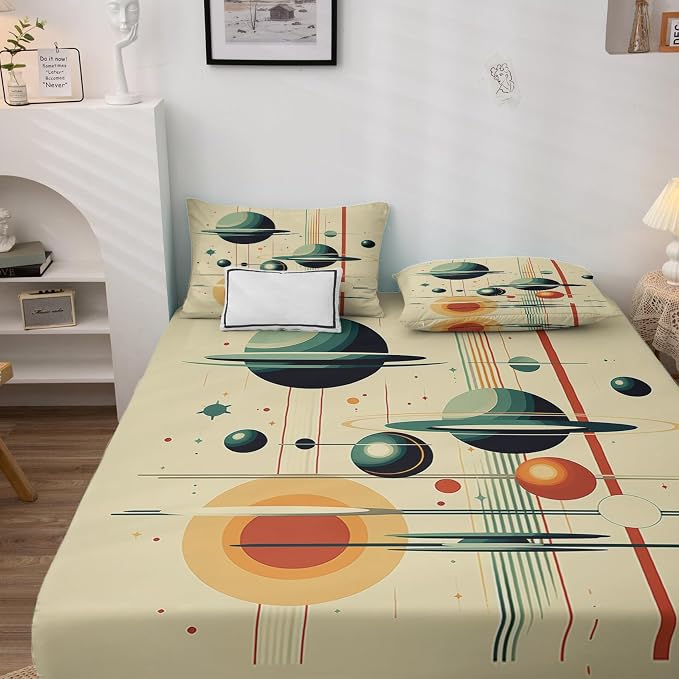 Mid Century Modern Bed Sheets Split King Size, Abstract Planet Sheet Set, Soft Microfiber Deep Pocket Wrinkle Free Fitted Sheet & Flat Sheet & Pillowcase Sets, Retro Geometric Bedding Sheets - 5 Piece