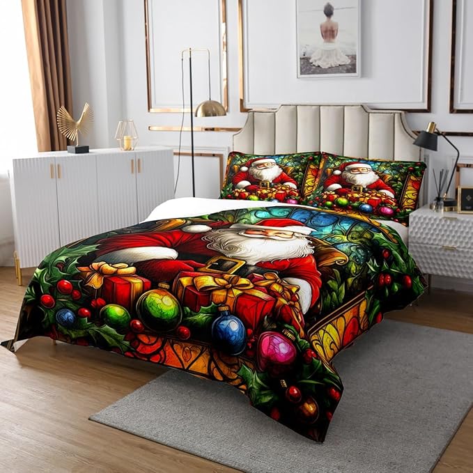 Santa Claus Kids Bedspread Queen Size,Merry Christmas Happy New Year Xmas Coverlet Set,Boys Girls Room Decor,Flowers Leaves Rustic Farmhouse Quilted Coverlet,Red Retro Bedding Quilt,2 Pillowcases