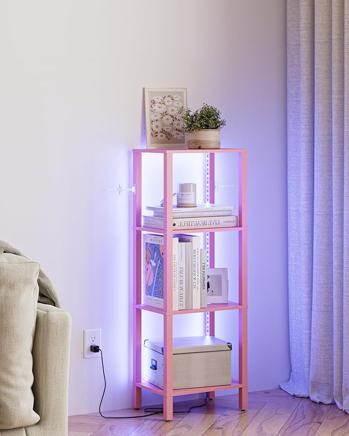 Open Book Shelf with LED Lights, 4 Tier Small Bookshelf, Freestanding Shelf Narrow Bookcase with Open Shelves, 14.96" x 10.63" x 41.26", Book Shelves for Living Room, Office, Study, Pink