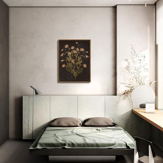 WALLZK Vintage Framed Wall Art Botanical Canvas Prints Painting Dark Moody Floral Wall Decor Retro Wildflower Pictures Artwork for Walls Living Room Bedroom Bathroom 16"x24"