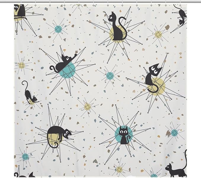 Vintage Mid Century Cats Shower Curtain Black Cat Retro Diamond Atomic 1950s 1960s Abstract Geometric Simple Waterproof Shower Curtains for Bathroom Decor 12 Pack Hooks 72x72in (183x183cm)