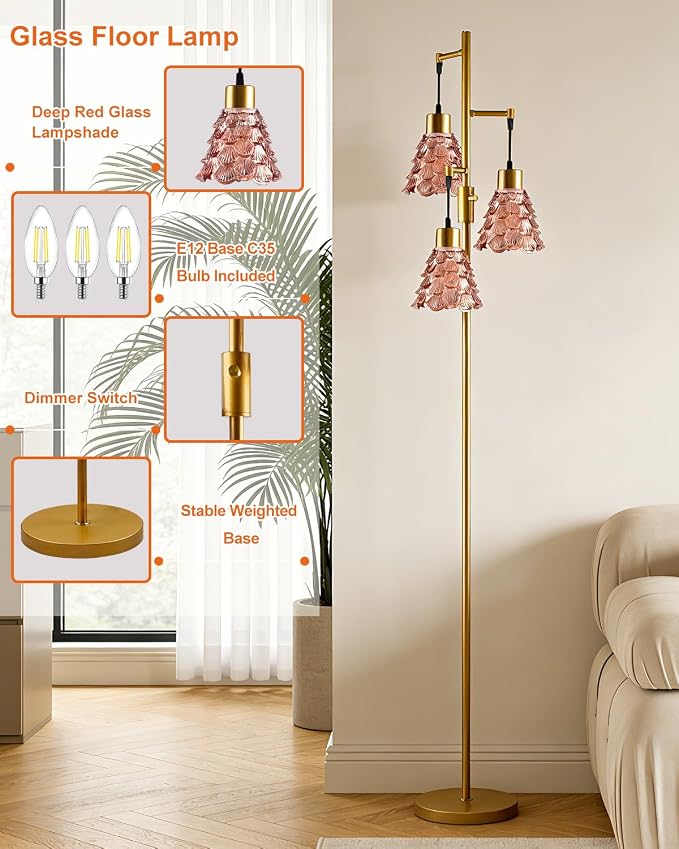 Lightdot 67" Glass Floor Lamps for Living Room, 3-Light Dimmable Floor Lamp with Rose Red Glass Shade& Bulbs Included, Mid Century Standing Tall Lamp with 5Lbs Heavy Base for Bedroom/Sofa Beside-Gold