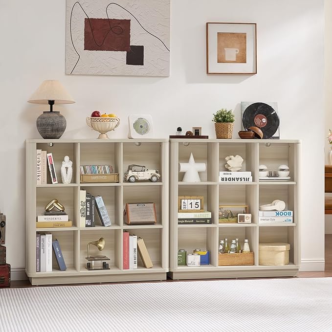 9 Cube Storage Book Shelf, 41" Tall Organizer Bookcase with Curved Edge, Wood Floor Standing 3-Tier Cubby Bookshelf with Base, Vintage Display Book Case for Bedroom,Office,Grey-White Cream Oak