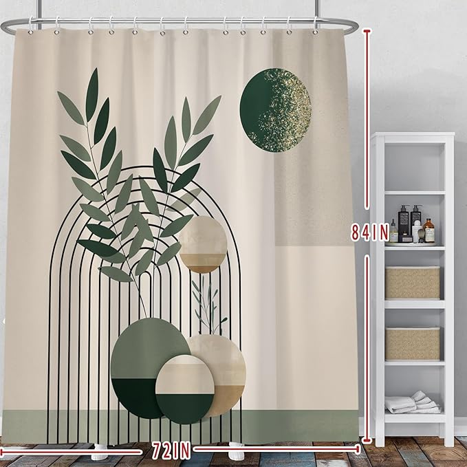 Baocicoo Mid Century Bohemia Green Moon Leaves Shower Curtain for Bathroom - Geometric Aesthetic Bathtub Decor - Polyester Durable Shower Curtain with Hooks - 72x84 Inches