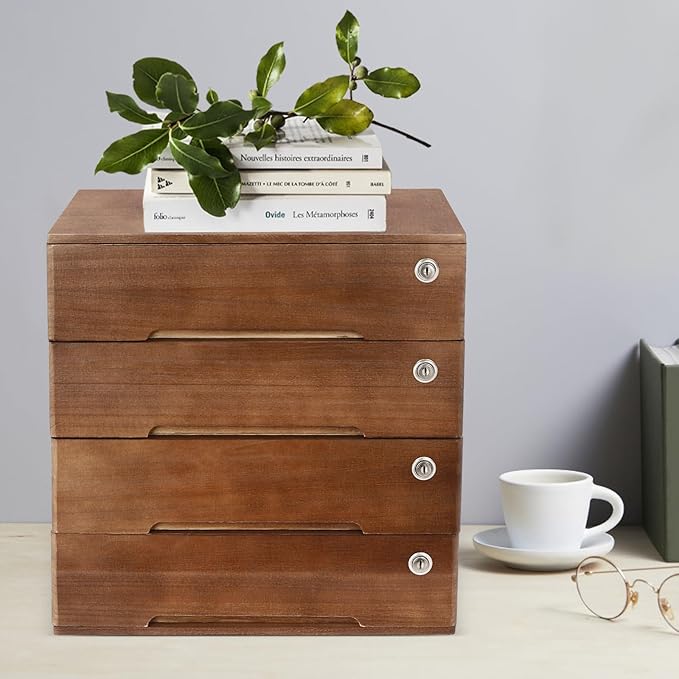 Desktop File Organizer with Lock, 2/3/4 Tier Multi-Drawer Wooden Storage Cabinet, Office Supply Organizer for Home Desk, Study & Workplace (Walnut, 4 Layers)