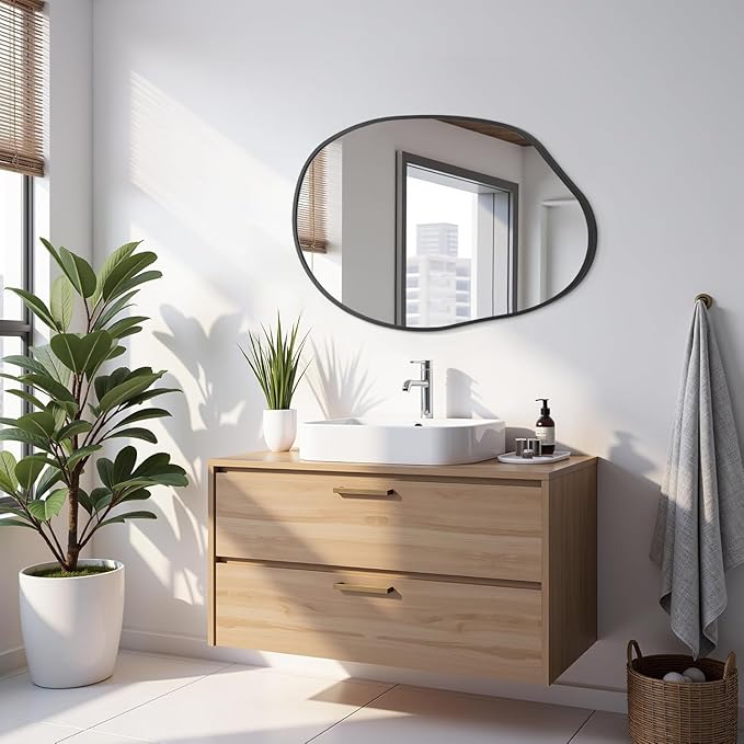 Irregular Wall Mirror, Wall Mirrors Decorative 22"x30" Black Asymmetrical Bathroom Mirrors Aluminum Alloy Frame for Bedroom, Living Room, Cloakroom, Entryway