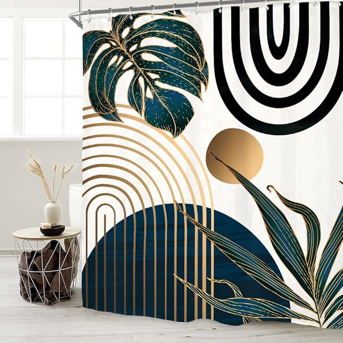 Miyotaa Abstract Modern Navy Blue Shower Curtain Set 60Wx71H Inches Minimalist Mid Century Contemporary Monstera Leaves Vintage Aesthetic Polyester Waterproof Cloth Bathroom Curtain with 12 Hooks