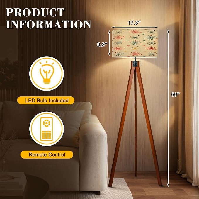 Wood Tripod Floor Lamp Seamless Mid Century Modern Retro Mid Century Standing Lamp Linen Shade Dimmable Modern Tall lamp Home Decor for Living Room Bedroom Office
