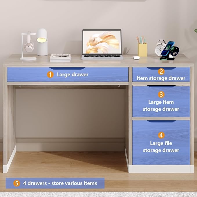 MaverickFurni Small Desk with Drawers, 52 Inch Home Office Desk with Storage for Bedroom, Computer Desk with Filing Drawer for Small Space, Light Walnut