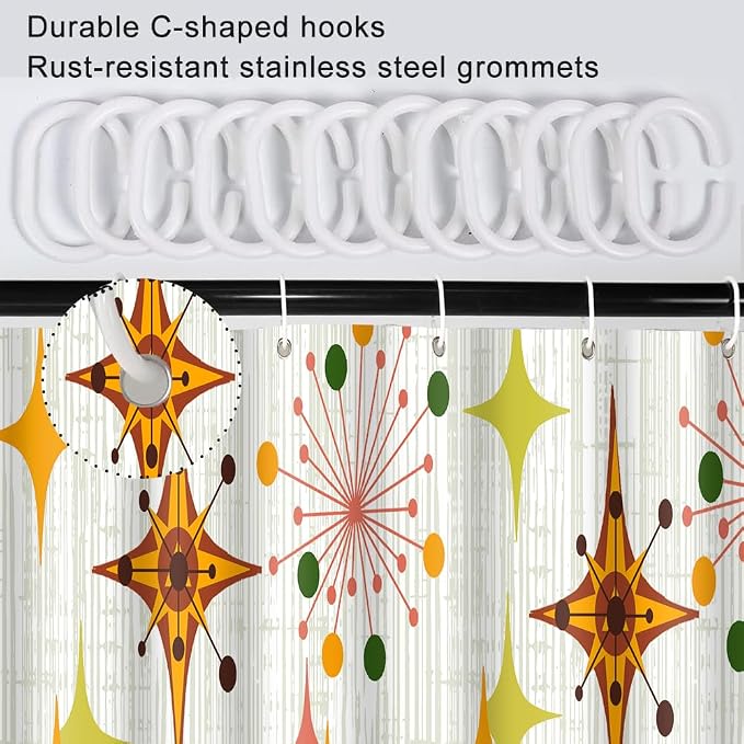 Mid Century Shower Curtain, 48x72inch, Modern Abstract Retro Green Striped Geometric Shower Curtain Sets 1950s Boho Bathroom Shower Curtain with 8 Hooks