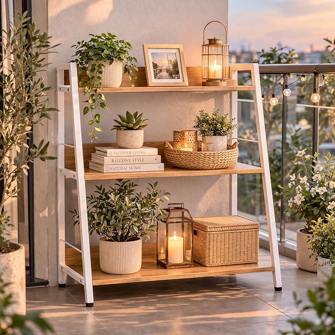 Ladder Shelf, 3 Tier Bookshelf, Small Bookshelf for Small Spaces, Wood and Metal Bookcase, Ladder Bookshelf, Modern Storage Shelf for Living Room and Office (White, Ladder)