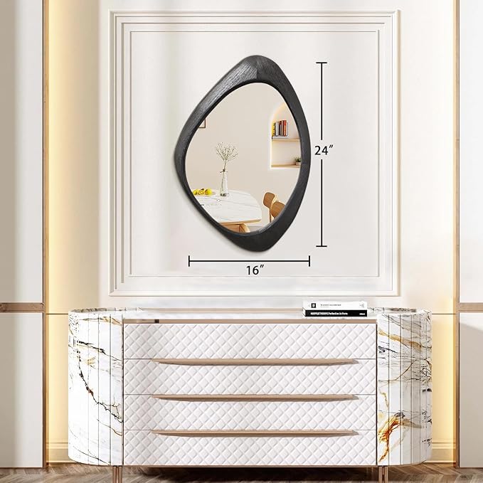 AAZZKANG Irregular Mirror Black Asymmetrical Wall Mounted Mirrors Large Modern Wood Frame Wall Mirror for Bathroom Bedroom Living Room Entryway 24"x16"