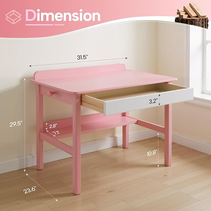 Solid Wood Study Desk & Home Office Writing Table with Drawers, 31" Vintage Mid Century Modern Computer Desk, Home Office Workstation for Bedroom, Small Spaces, Apartment(Pink,31.5 Inch Wide)