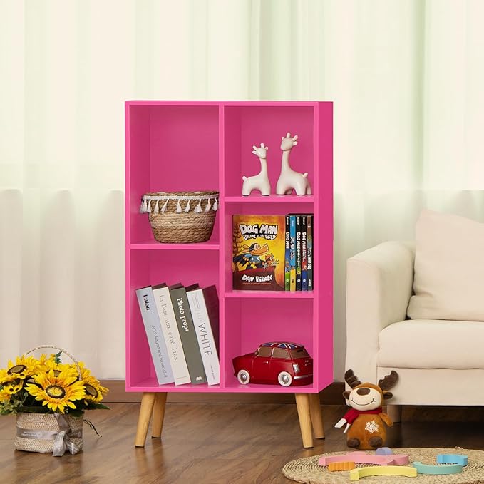 LEYAOYAO 5 Cube Bookshelf, 3-Tier Bookcase with Legs, Pink Kids Book Shelf Cute Storage Organizer, Free Standing Open Toy Shelves Modern Bookshelves,Wood Display Bookcases for Bedroom,Living Room