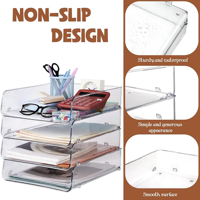 4 Pack Paper Organizer Letter Tray Plastic Stackable Desk File Organizer 12.99 x 10.43 x 2.95 Inch Clear Paper Holder File Tray for Desk Accessories Office Organization and Storage