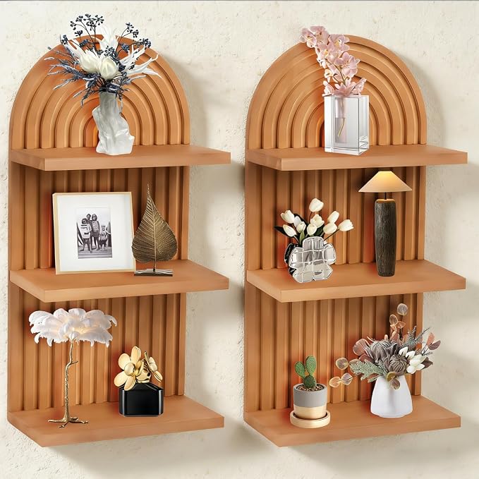 Boho Wall Decor Floating Shelves for Bedroom and Living Room, Mid Century Modern Wooden Wall Shelf Set for Plants and Display, Vintage Arched Decorative Shelves 2 pcs