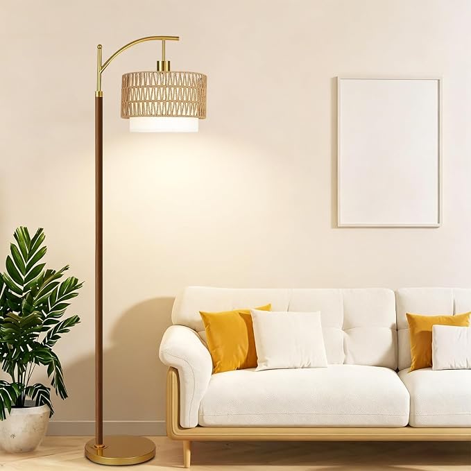 ILLMTW Rattan Floor Lamp for Living Room,Bedroom,Boho Wood Standing Lamp with Remote Dimmable,Vintage Mid Century Modern Gold Tall Lamp Wicker Lamp Shade Floor Lights Bohemian Tiffany Style