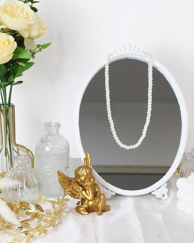 Gold Vintage Decor Vanity Mirror,Baroque Wall Art Retro Oval Mirror,Antique Wall Mirrors Decorative,Maximalist Decor Mirror for Desk Bedroom Bathroom Dresser Wall-Mounted,11.0" L x 7.9" W White