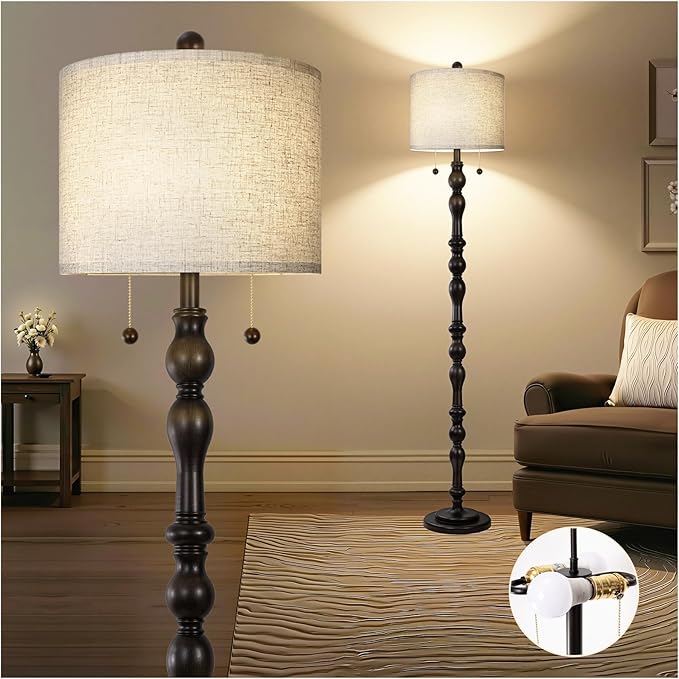 Scenekoy 65.5 Natural Real Wood Rustic Floor Lamp for Living Room Bedroom, Dual Pull Chains Switch, Wooden Base, Retro Farmhouse Tall Standing Lamp with Linen Shade for Living Room Office Home Room