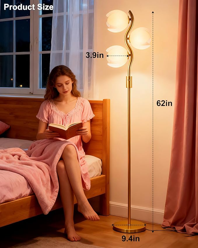 Lightdot 62IN Gold Floor Lamp Stepless Dimmable Bud-Shaped Floor Lamps with 3Pcs 3000K G9 Bulbs Included Eye-Friendly Mid Century Standing Lamps for Living Room/Bedroom/Sofa Beside/Corner Decor