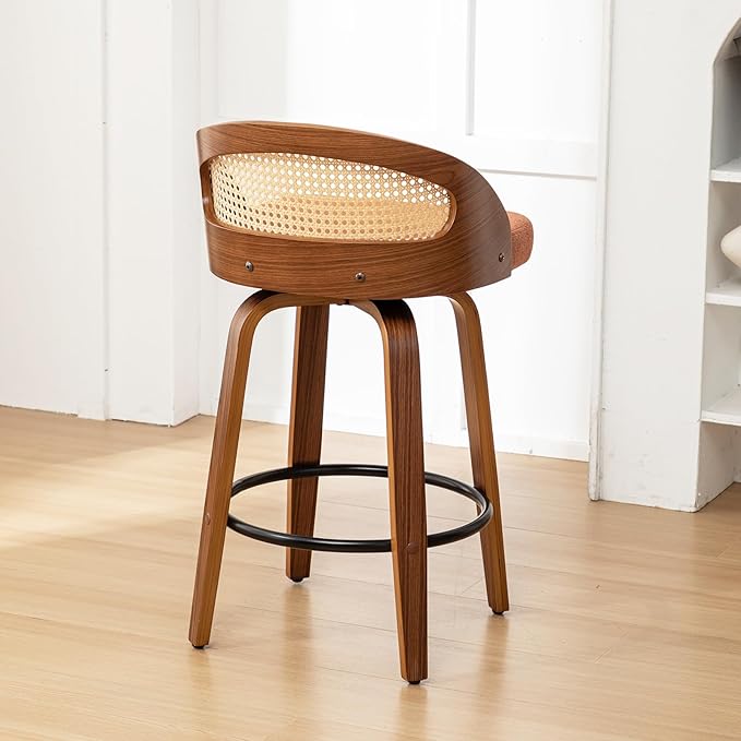 30" Swivel Rattan Bar Stools Set of 2,Mid-Century Modern Orange Linen Fabric Upholstered Counter Height Stools,Kitchen Island Barstools with Rattan Low Backrest,Walnut Wood Finish Bar Chair