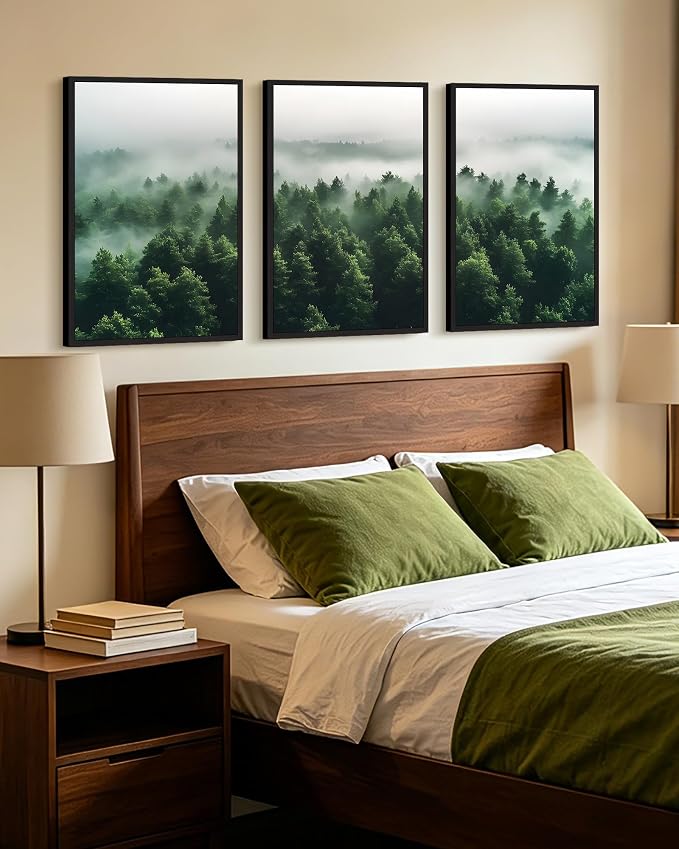 KUVIOKE Green Fog Pine Tree Framed Wall Art Nature Nordic Misty Forests Artwork Morden Painting Bedroom Decor 24x36in (Black Framed)
