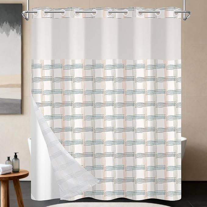 No Hook Shower Curtain with Snap in Fabric Liner - Beige & Teal Grid Pattern, Waterproof Shower Curtains and Liner Set for Modern Bathroom, See Through Top Window, 71x74 Inches