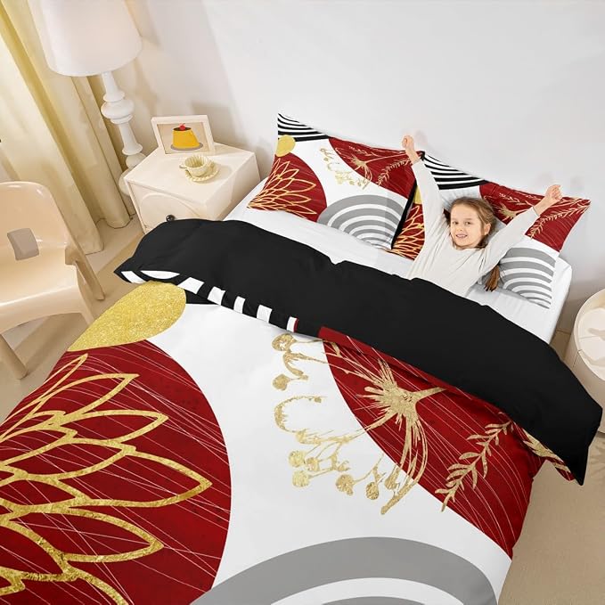 Erosebridal Red and White Modern Twin Comforter Cover for Minimalist | Abstract Mid Century Duvet Cover Bohemian Leaf Floral Botanical Bed Set Aesthetic Modern Geometric Bedding Set