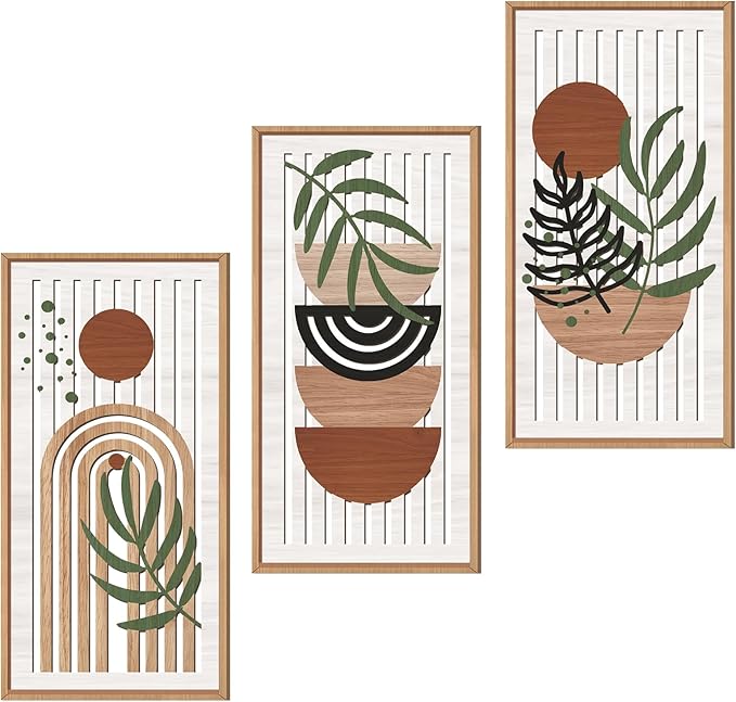 IARTTOP Boho Mid-century Modern Wood Wall Art 8x16 Inch Framed Bohemian Abstract Wooden Wall Decor Set of 3 Minimalist Orange Leaf Wall hanging for Living Room Bedroom Office