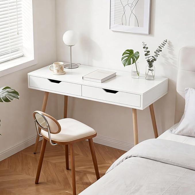 Giantex Mid-Century Desk with 2 Drawers, 42.5" Writing Study Desk with Tapered Legs, Home Office Computer Workstation PC Laptop Desk, Modern Makeup Vanity Table for Bedroom (White & Natural)