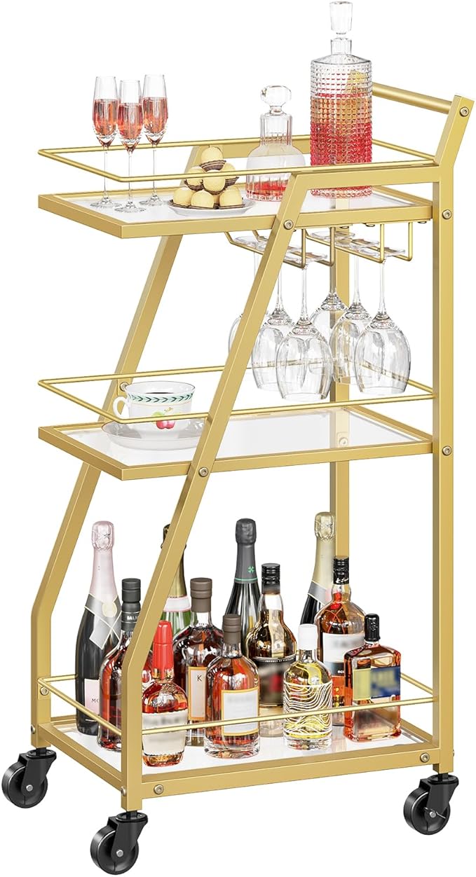 Bar Cart for The Home, Small Bar Cart on Wheels, Home Bar Serving Cart with Glass Holder, for Kitchen, Transparent and Gold BC03GD