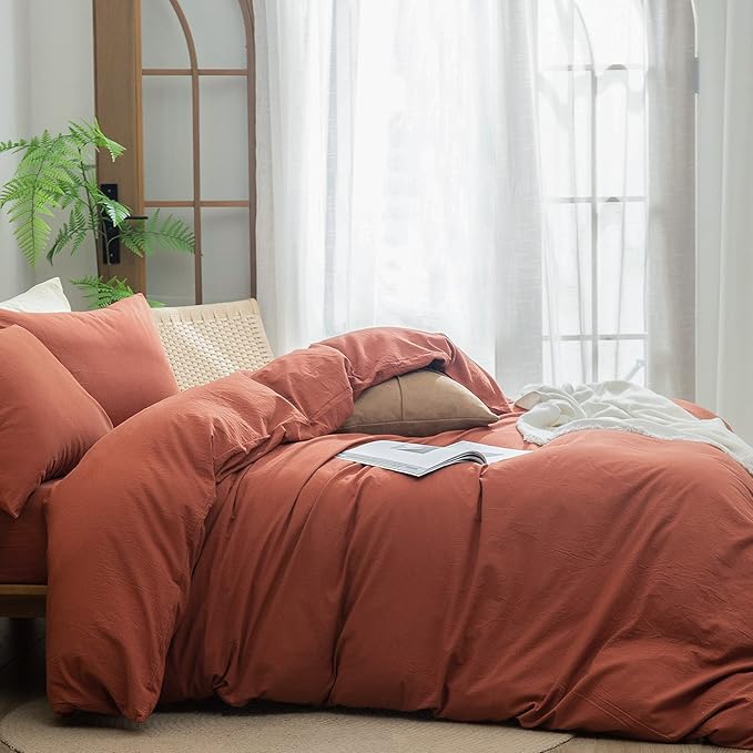 BESTOUCH Duvet Cover Set 100% Washed Cotton Linen Feel Super Soft Comfortable Chic Lightweight 2 PCs Home Bedding Set Solid Crimson Red Twin/Twin XL