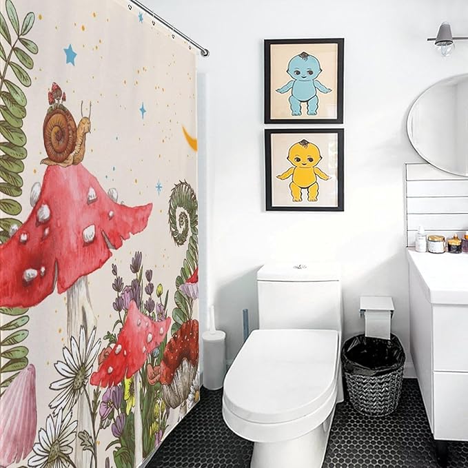 Mushroom Shower Curtain, Wild Floral Botanical Moon Star Daisy Cottagecore Nature Botanical Plants Herbs Farmhouse Waterproof Fabric Bathroom Shower Curtain Set with Hooks, 72"x78" Inch