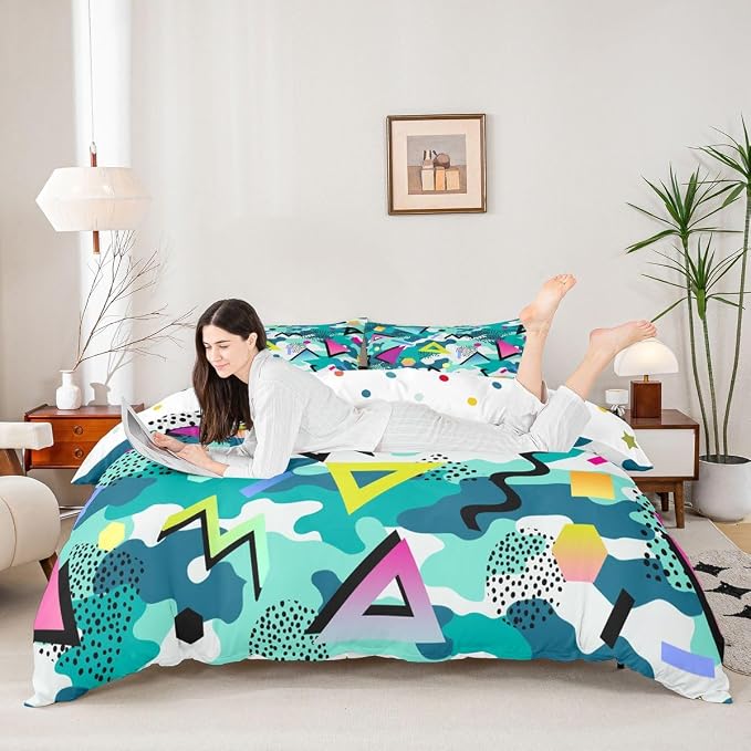 Mens Boys Retro 80s 90s Memphis Comforter Cover Set Full Size,Geometric Round Triangle Shapes Artwork Duvet Cover Colorful Graphic 80s 90S Style Bedding Set Abstract 1990s Memphis Home Decor
