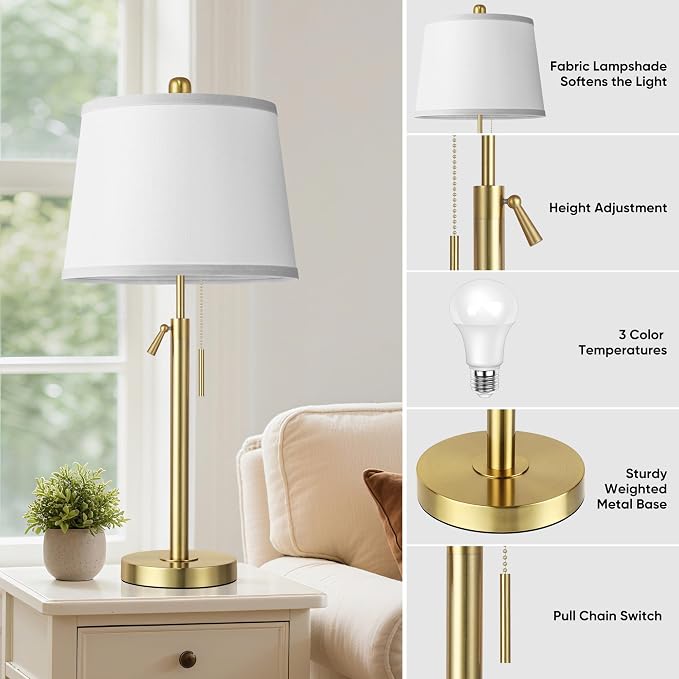 Tall Table Lamps Set of 2, Modern Gold Table Lamps with White Shade for Living Room, Height Adjustable Nightstand Lamps for Bedroom, 3 Color Temperature Beside Lamps with Pull Chain(Bulbs Included)