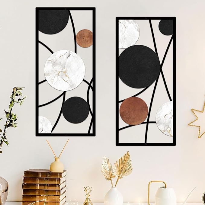 ruelen 2 Pieces Metal Wall Art，Abstract Geometric Circle Decor with Marble Texture, Modern Minimalist Black White Brown Wall Sculpture for Living Room，Bedroom，Office