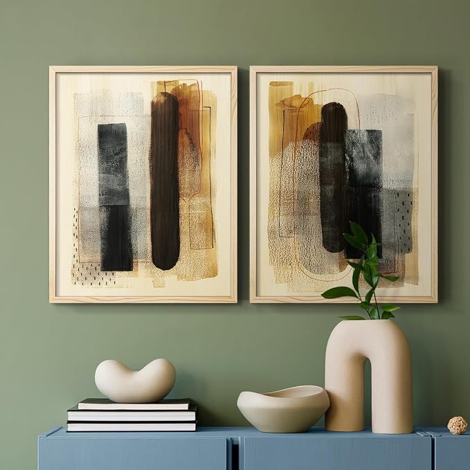 Renditions Gallery Set of 2 Peel & Stick Framed Prints, Pattern Abstract Wall Art, Burnt Toast Pattern Wall Decor, Re-Stickable - Ready to Hang - 22"x28" - NATURAL WOOD Frame LT588