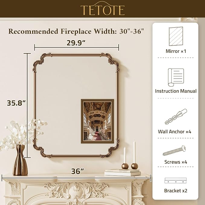 TETOTE Antique Black Rectangle Mirror for Mantle Fireplace 30 x 36 Baroque Vintage Ornate Scroll Wall Mirror with Metal Frame for Traditional Victorian French Decor, Horizontal/Vertical