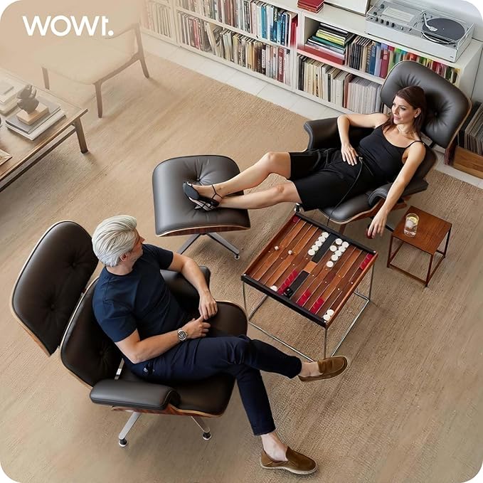 Top Black Grain Leather, Mid Century Chaise Lounge Chair and Ottoman, Modern Chair Classic Design, Palisander Wood, Heavy Duty Base Support for Living Room Office
