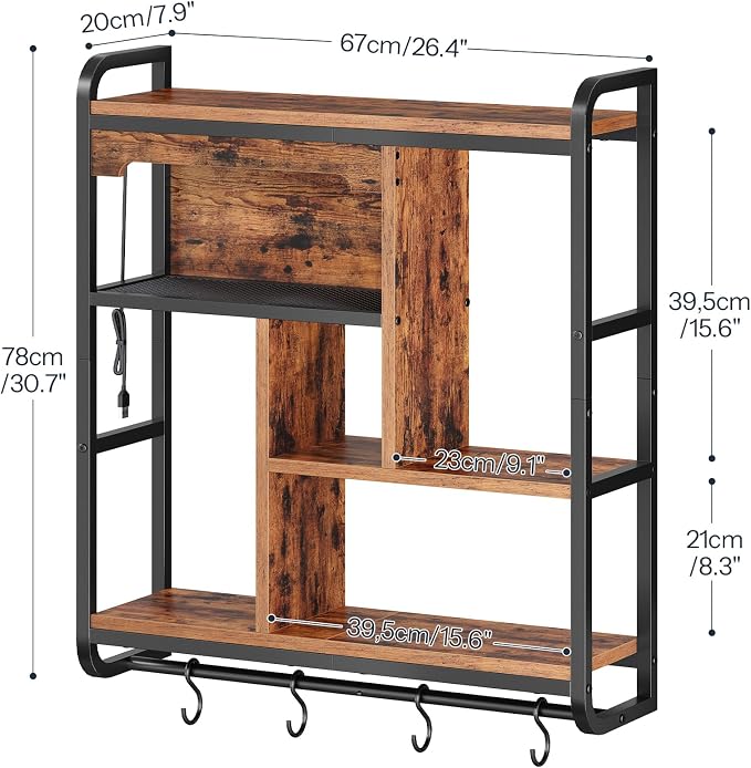 HOOBRO Gaming Floating Shelves with LED Lights, 26.4" LED Wall Mounted Shelf, Modern Corner Shelf 3-Tier Display Rack for Wall Storage, Arched Design, for Living Room, Rustic Brown and Black BF44DBJ01