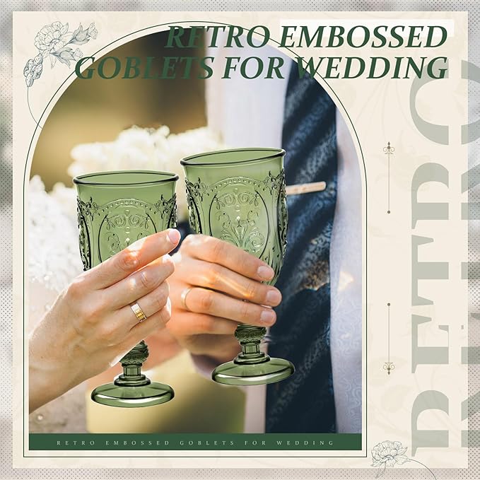24 Pcs Plastic Goblets 7.5oz Vintage Goblet Plastic Wine Glasses Colored Retro Embossed Water Goblets for Wine Bar Juice Baby Shower Wedding Reception Grand Event Party (Olive Green)