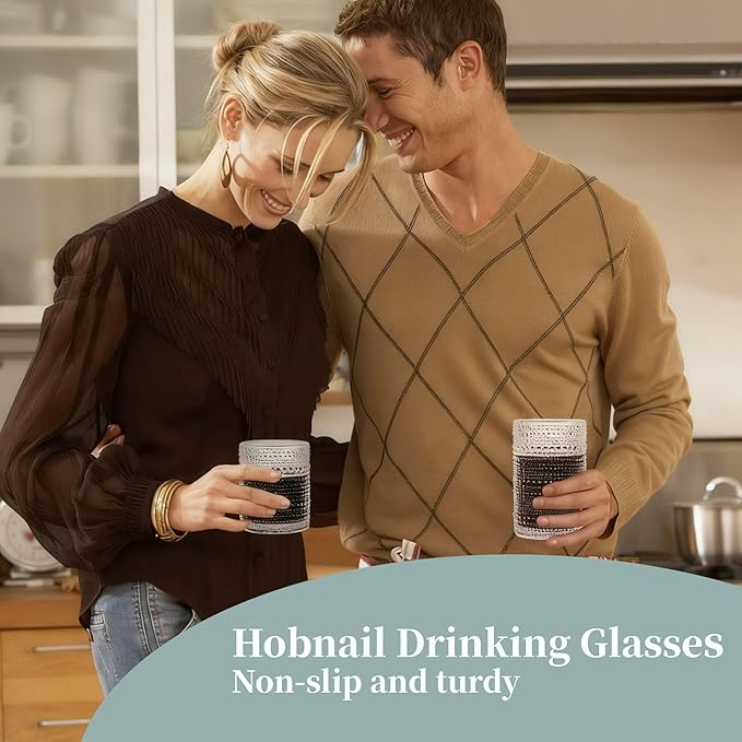 Gray Hobnail Drinking Glasses Set of 6,15 oz Vintage Highball Glasses,Drinkware Kitchen Glasses for Cocktail,Iced Coffee,Beer,Ice Tea,Wine,Whiskey,Water