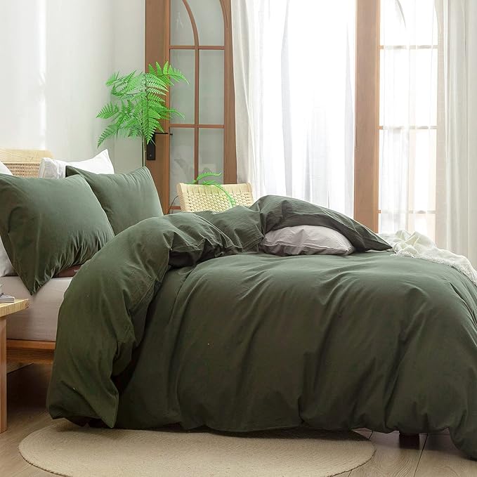 BESTOUCH Duvet Cover Set 100% Washed Cotton Linen Feel Super Soft Comfortable Chic Lightweight 3 PCs Home Bedding Set Solid Olive Green Oversized King