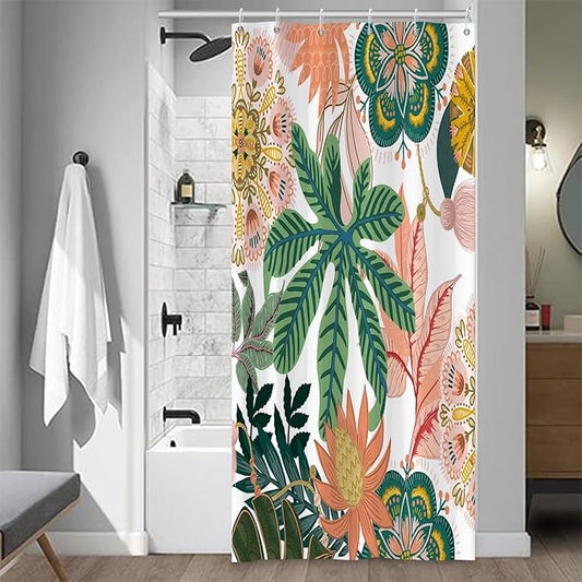 Boho Floral Bathroom Shower Curtain - Tropical Green Leaves, Pink Flowers - Waterproof Polyester Fabric - Mid Century Modern Decorative, 36x72 Inch