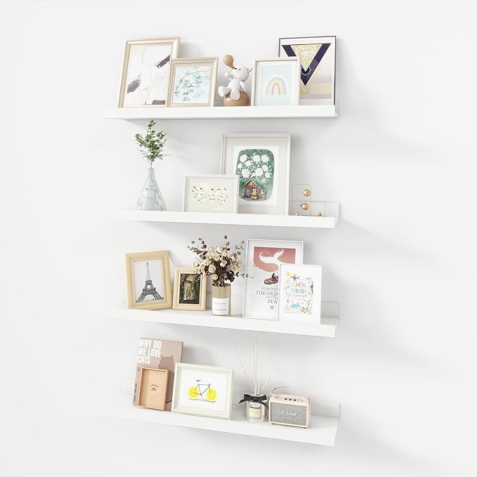 Picture Ledge Shelf, Wood Floating Shelves Set of 4, 24 inch Picture Ledge Shelves, Photo Ledge Nursery Book Shelves Wall Mounted for Living Room Kids' Room Bedroom, Color White