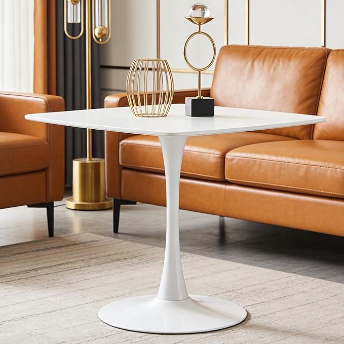 42 Inch White Square Dining Table, Mid Century Tulip Table for 4-6 People Modern Kitchen Dining Table with MDF Tabletop and Metal Pedestal Base