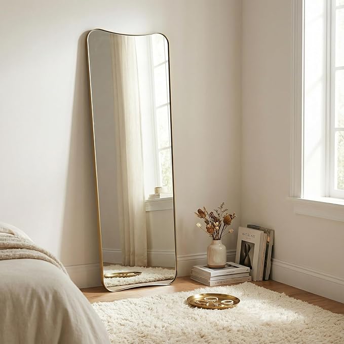 ANDY STAR 24" x 65" Full Length Mirror, Brushed Gold Floor Mirror with Premiun Stainless Steel Thin Frame, Antique Italian Curved Design, Wall Mountable or Leaning for Bedroom, Living Room, Cloakroom