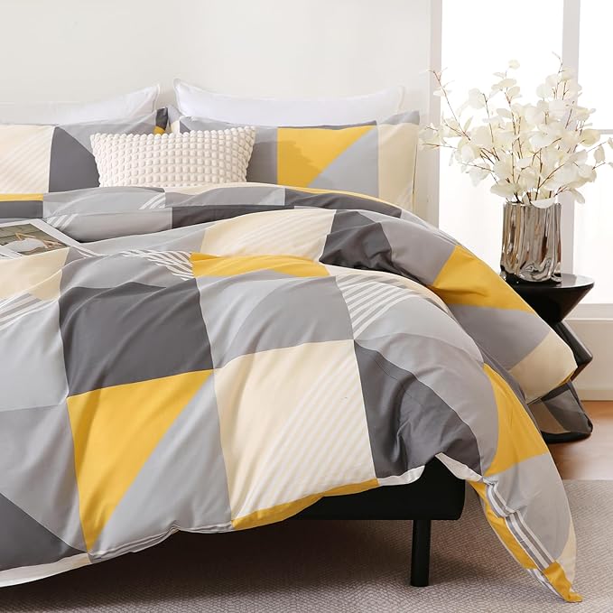 Yellow and Grey Duvet Cover Set Queen Size, 100% Natural Cotton Geometric Duvet Cover 3 Piece Soft Breathable Bedding Set for All Seasons