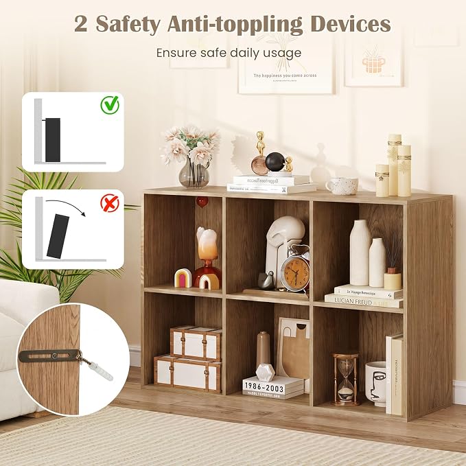 Tangkula 6-Cube Bookcase, Large Floor Standing Horizontal Bookshelf with 6 Open Shelves & 2 Anti-Tipping Kits, Home Office Wooden Storage Book Shelf for Living Room, Study (Natural, 6-Cube)
