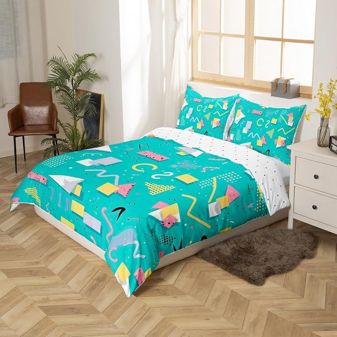 Retro 80s Style Bedding Set Twin,Abstract Geometric Pattern Duvet Cover Urban Modern Design with Circles and Triangle Comforter Cover Colorful Pop Art Inspired Pattern Quilt Cover for Boys Child